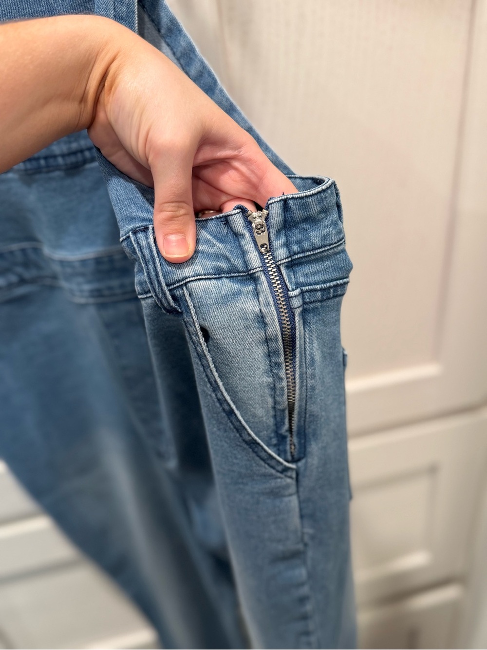 Light Wash Denim Flare Overalls - Classic Pocket Front - Picture 3 of 7